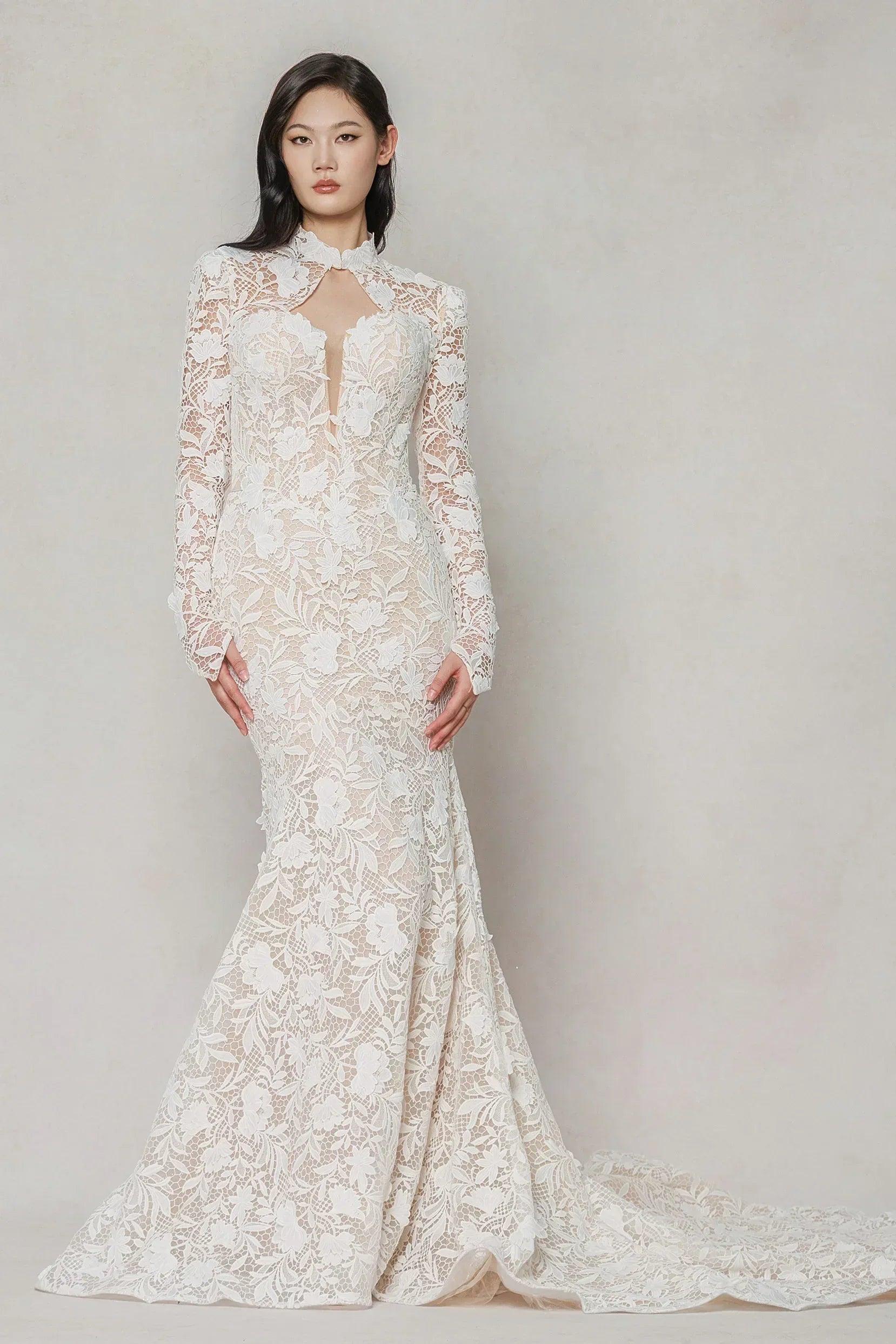 Trumpet-Mermaid Chapel Train Lace Tulle Wedding Dress CW3647 - COCOMELODY